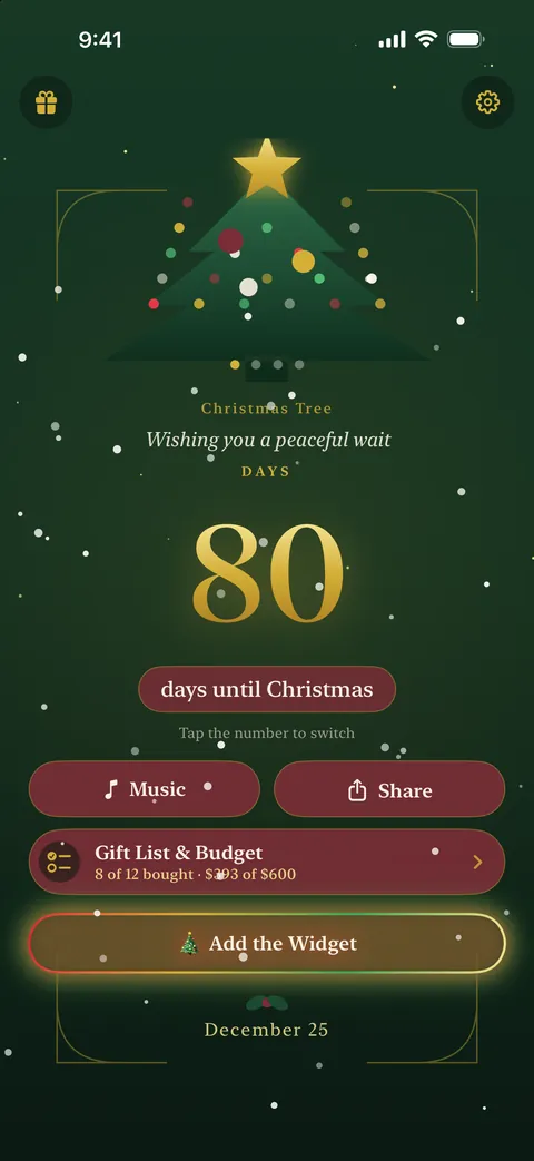 Noel screenshot: Christmas countdown with tree and gift list