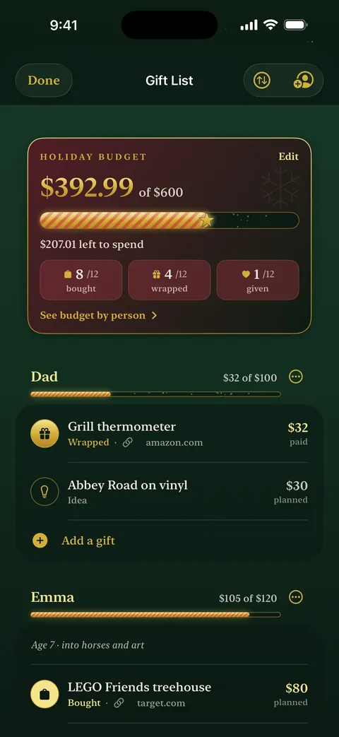 Noel screenshot: gift list and budget